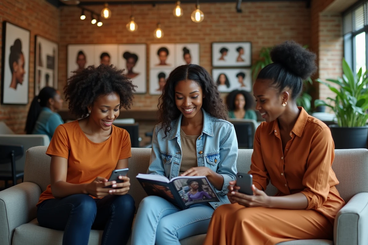 Salle d'attente animée d'un salon de tresses africaines avec des clientes consultant des modèles de coiffures