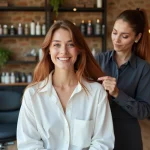 Femme souriante en salon toulousain avec styliste