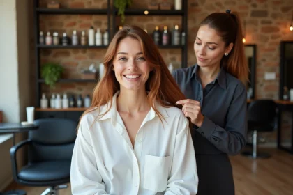 Femme souriante en salon toulousain avec styliste