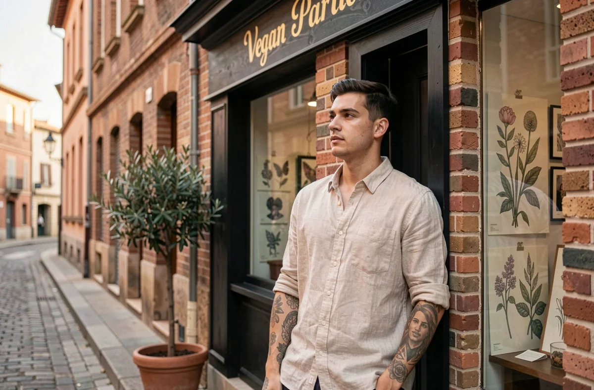 Homme tatoué devant la façade d'un salon de tatouage vegan dans le quartier du Capitole à Toulouse, rue pavée en brique rose