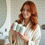 Femme aux cheveux colorés auburn tenant des bouteilles de shampoing sans paraben sans sulfate sans silicone dans une salle de bain moderne