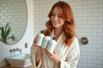 Femme aux cheveux colorés auburn tenant des bouteilles de shampoing sans paraben sans sulfate sans silicone dans une salle de bain moderne