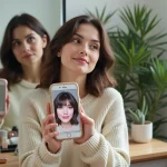 Femme essayant un simulateur de coupe de cheveux virtuel sur smartphone devant un miroir