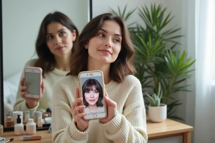 Femme essayant un simulateur de coupe de cheveux virtuel sur smartphone devant un miroir