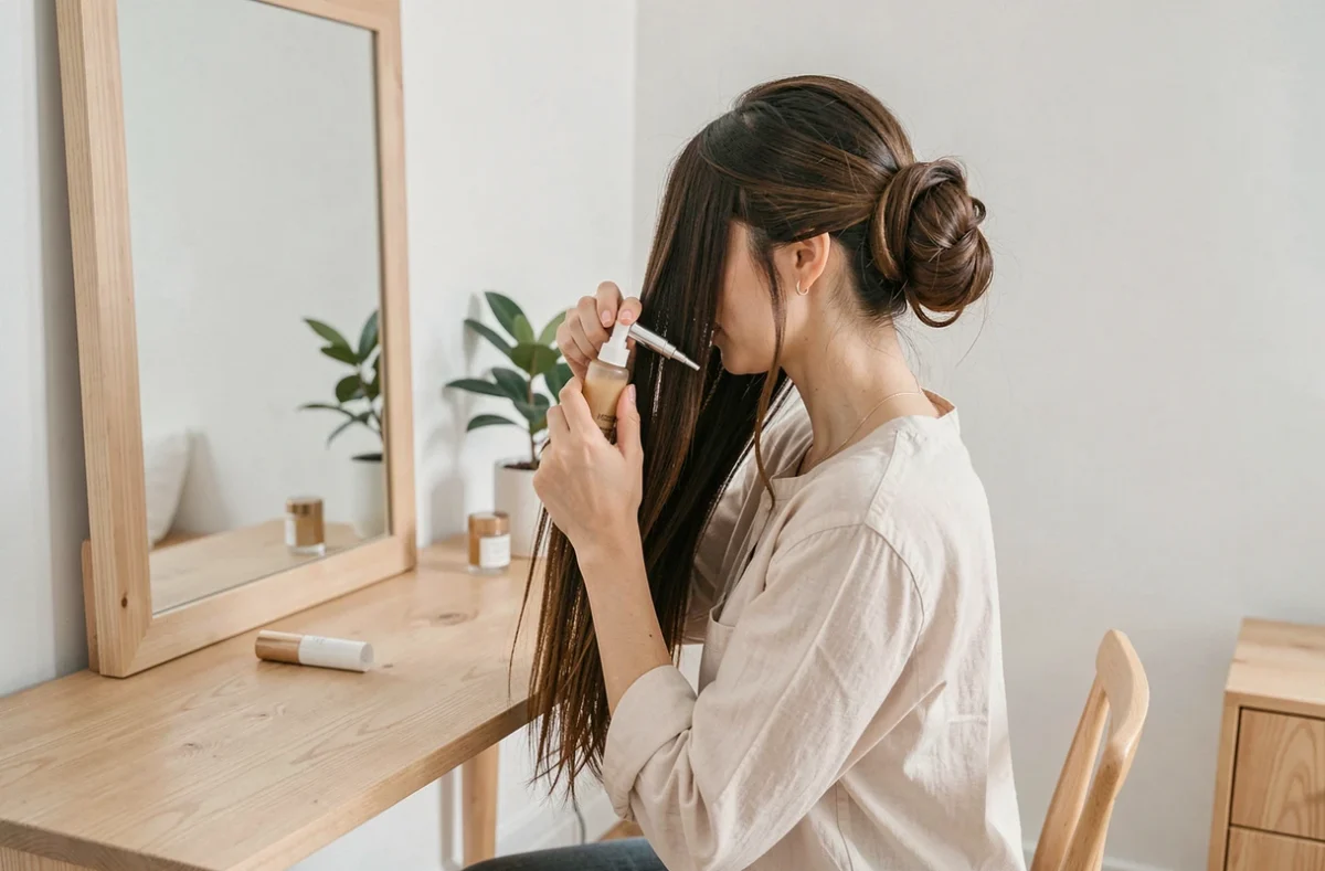 Femme aux cheveux longs appliquant un sérum capillaire avant de réaliser un chignon protecteur style Money Bun dans une chambre minimaliste