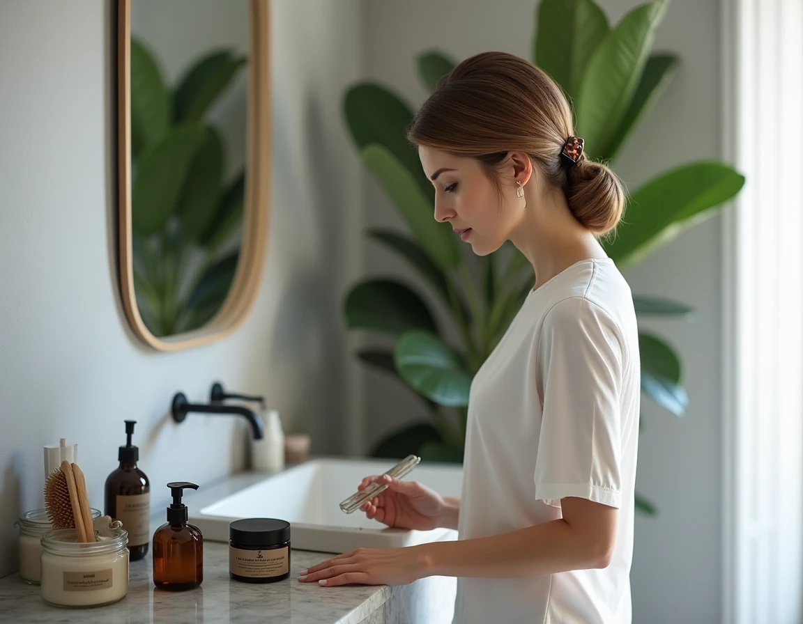 Femme d'une quarantaine d'années aux cheveux fins en chignon appliquant un soin capillaire sur un plan de travail en marbre dans un appartement parisien moderne