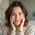 Femme appliquant sa creme visage dans une salle de bain moderne