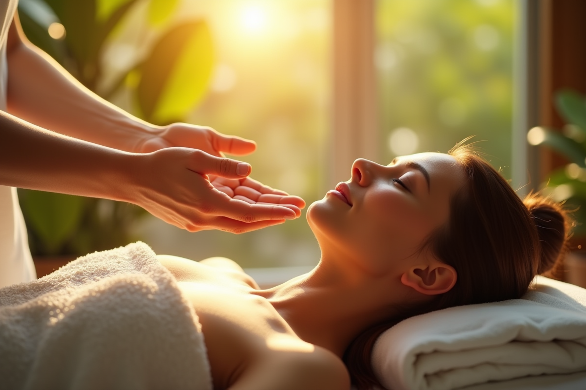 Femme recevant un soin d energie dans un spa naturel