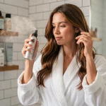 Femme appliquant un spray protecteur thermique sur ses cheveux dans une salle de bain moderne