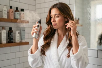 Femme appliquant un spray protecteur thermique sur ses cheveux dans une salle de bain moderne