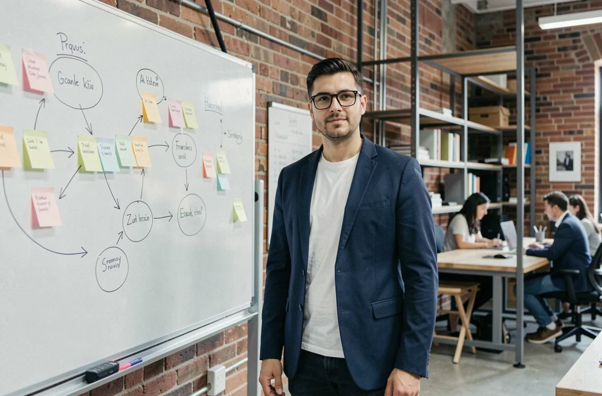 Homme spécialiste en personal branding présentant une stratégie de marque sur tableau blanc dans un espace de coworking