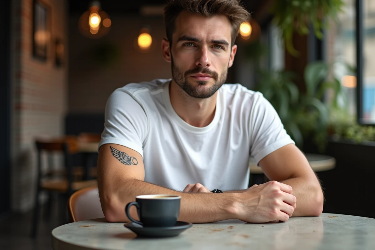 Tatouage aile d'ange minimaliste au poignet d'un homme dans un café urbain