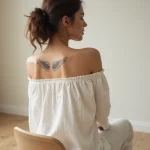 Tatouage minimaliste ailes d'anges dans le dos d'une jeune femme, encre fine noire ultra élégante