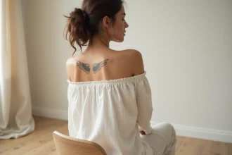 Tatouage minimaliste ailes d'anges dans le dos d'une jeune femme, encre fine noire ultra élégante