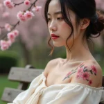 Tatouage femme épaule clavicule avec fleurs de cerisier délicates sur peau claire, style japonais