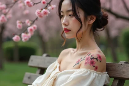Tatouage femme épaule clavicule avec fleurs de cerisier délicates sur peau claire, style japonais