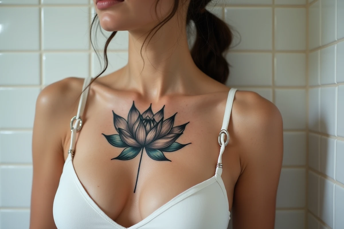 Tatouage lotus épaule et clavicule femme peau mate en noir et gris avec touches aquarelle bleue