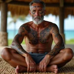 Homme polynésien d'âge mûr portant un tatouage tribal traditionnel tā moko maori sur le visage et le cou, assis dans une structure traditionnelle samoane, symbole de l'identité culturelle du Pacifique