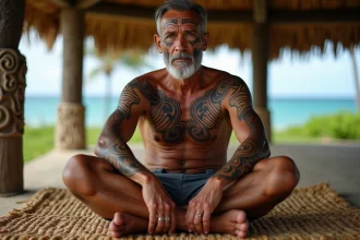 Homme polynésien d'âge mûr portant un tatouage tribal traditionnel tā moko maori sur le visage et le cou, assis dans une structure traditionnelle samoane, symbole de l'identité culturelle du Pacifique