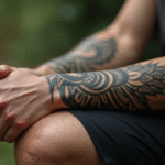 Zoom sur un avant-bras avec tatouages tribaux noirs