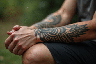 Zoom sur un avant-bras avec tatouages tribaux noirs