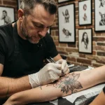 Tatoueur professionnel à Toulouse appliquant un tatouage botanique détaillé sur l'avant-bras d'une cliente dans un studio moderne