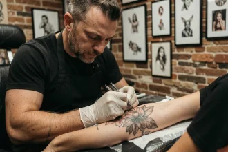 Tatoueur professionnel à Toulouse appliquant un tatouage botanique détaillé sur l'avant-bras d'une cliente dans un studio moderne