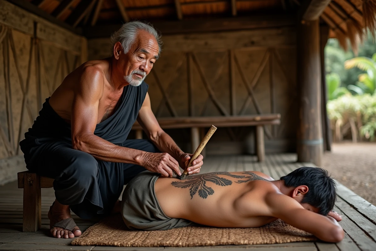 Ancien tatoueur samoan pratiquant l'art traditionnel du tatouage pe'a à l'aide d'outils en os et d'un bâton frappeur sur un jeune homme, dans une maison de réunion traditionnelle, témoignant de la transmission rituelle du tatouage tribal océanien