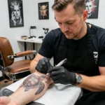 Tatoueur professionnel réalisant un tatouage de tortue détaillé sur l'avant-bras d'un client dans un studio de tatouage moderne