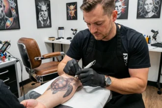 Tatoueur professionnel réalisant un tatouage de tortue détaillé sur l'avant-bras d'un client dans un studio de tatouage moderne