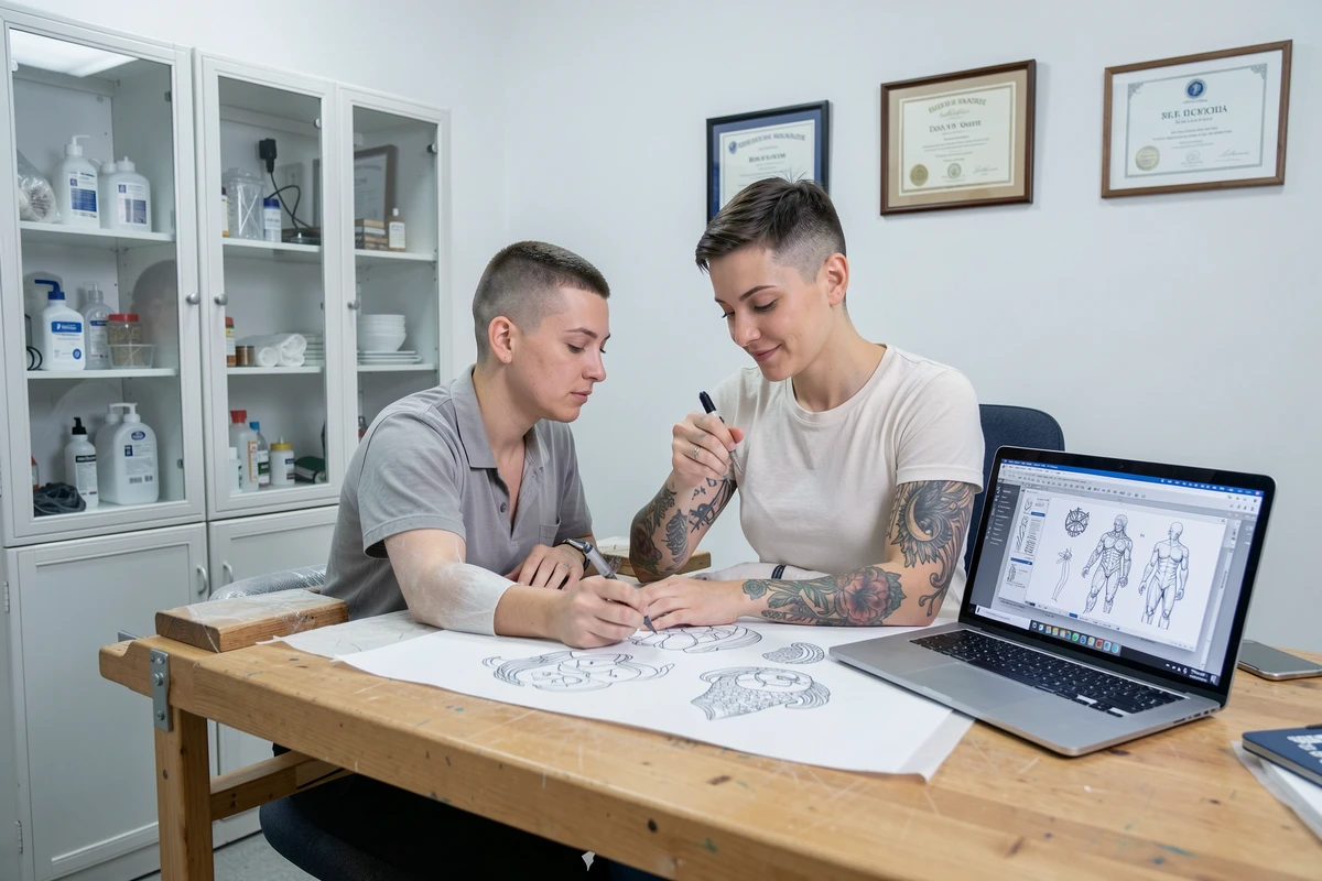 Tatoueuse à Toulouse en train de dessiner un stencil personnalisé dans son studio hygiénique et certifié