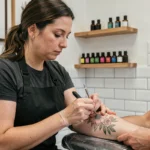 Tatoueuse professionnelle appliquant un tatouage botanique vegan sur l'avant-bras d'une cliente dans un salon de tatouage moderne à Toulouse