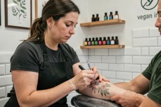 Tatoueuse professionnelle appliquant un tatouage botanique vegan sur l'avant-bras d'une cliente dans un salon de tatouage moderne à Toulouse