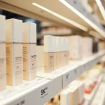 Rayon de produits Typology dans une boutique Sephora avec étiquettes de prix promotionnels visibles sur les étagères blanches