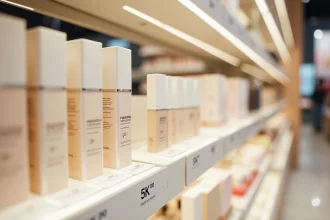 Rayon de produits Typology dans une boutique Sephora avec étiquettes de prix promotionnels visibles sur les étagères blanches