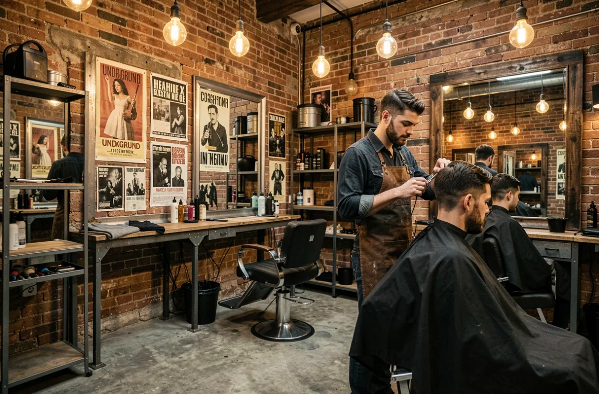 Coiffeur stylé au travail dans le salon Underground Lyon avec décor industriel en briques et métal brut